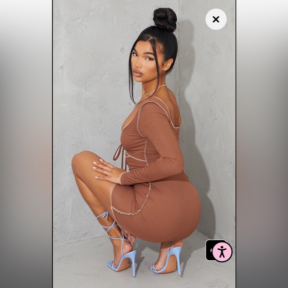 PrettyLittleThing Ribbed Long Sleeve Tie Front Dress - Picture 2 of 3